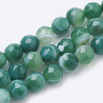 Natural Striped Agate/Banded Agate Beads Strands, Dyed, Faceted, Round, Teal, 10mm, Hole: 1.2mm, about 37pcs/strand, 15.3 inch