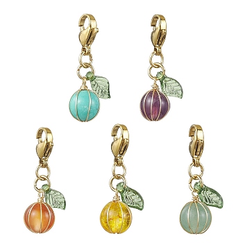 5Pcs Fruit Wire Wrapped Mixed Gemstone Pendant Decorations, Lobster Claw Clasps Ornaments for Bag Key Chain, 30mm