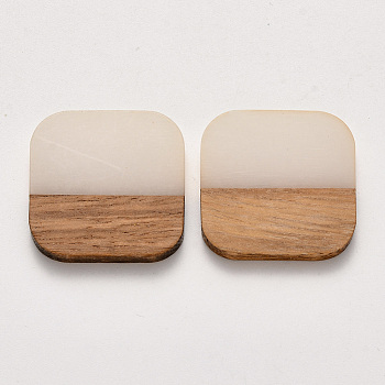 Resin & Walnut Wood Cabochons, Waxed, Square, Linen, 24x24x3~4mm