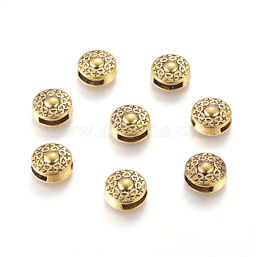 Tibetan Style Slide Charms, Cadmium Free & Nickel Free & Lead Free, Flat Round with Cross, Antique Golden,  14x5mm, Hole: 10x2.4mm(TIBEB-LF9767Y-AG-FF)