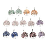 14Pcs 7 Styles Zinc Alloy European Dangle Charms, with Natural Mixed Stone Chip Beads, Flat Round with Tree of Life, Antique Silver, 54~54.5x38~39.5x4~6mm, Hole: 4~5mm, 2pcs/style(G-FH0001-82)