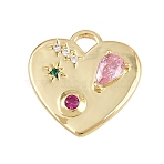 Brass Micro Pave Cubic Zirconia Pendants, Heart Charms, Rack Plating, Long-Lasting Plated, Cadmium Free & Lead Free, Real 18K Gold Plated, 18x18x3mm, Hole: 3x2.5mm(X-KK-I352-278G)