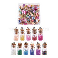 Glass Wishing Bottle Pendant Decorations, with Resin Rhinestone and Glass Micro Beads inside, Cork Stopper and Platinum Iron Screw Eye Pin Peg Bails, Mixed Color, 28~29x11mm, Hole: 2mm, 11 colors, 6pcs/color, 66pcs/box(GLAA-TA0001-08)