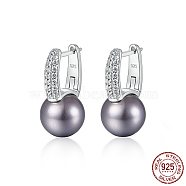 Rhodium Plated 925 Sterling Silver Hoop Earrings, with Natural Pearl Round Beads, Platinum, 15x7mm(LE0614-1)