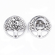 Stainless Steel Stud Earrings, with Cubic Zirconia, Flat Round with Tree of Life, Stainless Steel Color, 15x2mm, Pin: 0.8mm(EJEW-JE03281)