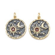 Brass Micro Pave Cubic Zirconia Pendants, with Enamel and Jump Rings, Flat Round with Moon & Star, Real 18K Gold Plated, 21x18x3mm, Hole: 3.5mm(X-ZIRC-A020-06G)