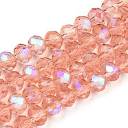 Electroplate Glass Beads Strands, Half Rainbow Plated, Faceted, Rondelle, Salmon, 6x5mm, Hole: 1mm, about 83~85pcs/strand, 38~39cm(X-EGLA-A034-T6mm-L24)