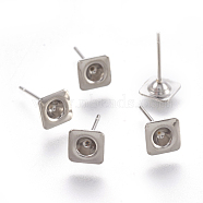 304 Stainless Steel Ear Stud Components, Square, Stainless Steel Color, 13mm, Square: 6x6x2mm, Tray: 3mm, Pin: 0.7mm(STAS-G187-13P)