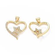Brass Micro Pave Clear Cubic Zirconia Pendants, Heart with Star Charms, Golden, 21.5x22x3.5mm, Hole: 3x4mm(ZIRC-F134-04G)