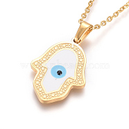 304 Stainless Steel Enamel Pendant Necklaces, with Cable Chains and Lobster Claw Clasps, for Religion, Hamsa Hand with Evil Eye, Golden, 17.6 inch(44.8cm), 1.5mm(NJEW-F275-41G)