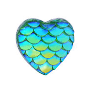 Resin Cabochons, Heart with Mermaid Fish Scale, Turquoise, 12x12x3mm(CRES-Q191-HA028-6)