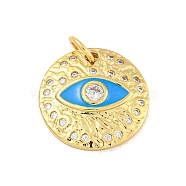 Rack Plating Brass Micro Pave Cubic Zirconia Pendants, Long-Lasting Plated, Cadmium Free & Lead Free, with Enamel, Flat Round & Eye, with Jump Rings, Real 18K Gold Plated, Dodger Blue, 18x3.5mm, Hole: 4mm(KK-P277-26G-05)