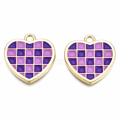 Rack Plating Alloy Checkerboard Pendants, with Enamel, Cadmium Free & Lead Free, Light Gold, Heart with Grid Pattern, Indigo, 18.5x18x2mm, Hole: 2mm(PALLOY-S132-257C-RS)