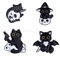 4Pcs 4 Style Halloween Cat Enamel Pin, Zinc Alloy Brooches, Electrophoresis Black, 25~32.5x24~31.5x1.5mm, 1pc/style(JEWB-SZ0001-98)