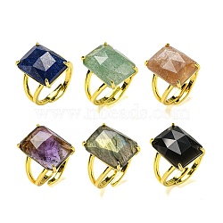 Rectangle Natural Gemstone Open Cuff Rings, Golden Plated Brass Ring for Unisex, Inner Diameter: Adjustable(RJEW-C087-05G)