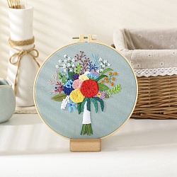 DIY Bouquet Pattern Embroidery Kit, Including Imitation Bamboo Frame, Iron Pins, Cloth, Colorful Threads, Light Blue, 213x201x9.5mm, Inner Diameter: 183mm(DIY-O021-14A)