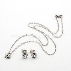 304 Stainless Steel Rhinestone Flower Jewelry Sets, Ear studs and Necklaces, with Lobster Claw Clasps, Stainless Steel Color, 17.3 inch, Pin: 0.7mm(SJEW-F007-02)
