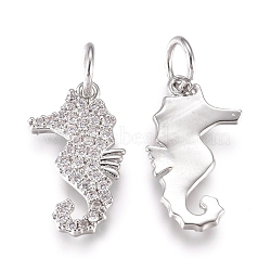 Brass Charms, with Micro Pave Cubic Zirconia and Jump Rings, Sea Horse, Clear, Platinum, 15.5x8x1.2mm, Hole: 3.2mm(ZIRC-L070-76P)