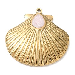 304 Stainless Steel with Enamel Pendants, Shell Shape Charms, Ion Plating(IP), Real 18K Gold Plated, Misty Rose, 36.5x36.5x3mm, Hole: 2mm(SA-CBAF3AB-04G-02)