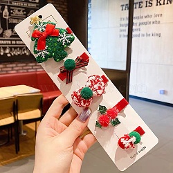 Christmas Theme Cloth Felt Fabric Alligator Hair Clip, with Alloy Clip, Mixed Color, 69x58x20mm(OHAR-R100-01B)