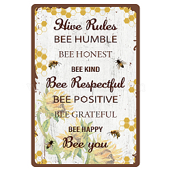 Tinplate Sign Poster, Vertical, for Home Wall Decoration, Rectangle with Word Hive Rules, Bees Pattern, 300x200x2.2mm(AJEW-WH0157-452)