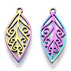 Ion Plating(IP) 304 Stainless Steel Pendants, Laser Cut, Leaf Charm, Rainbow Color, 25x10.5x1.5mm, Hole: 1.6mm(STAS-T063-207M)