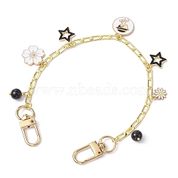 Flower & Star Alloy Enamel Charm Purse Chains with Natural Black Agate & Swivel Clasps, Brass Chunky Chain/Curban Chain Bag Strap, 26.8cm(AJEW-BA00116-01)