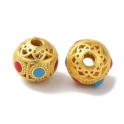 Long-Lasting Plated Brass Beads, with Enamel, Round with Flower, Matte Gold Color, 10.2x9.5mm, Hole: 2.6mm(KK-K381-11MG)