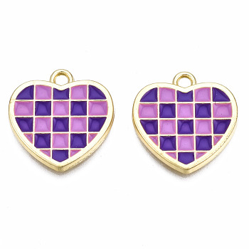 Rack Plating Alloy Checkerboard Pendants, with Enamel, Cadmium Free & Lead Free, Light Gold, Heart with Grid Pattern, Indigo, 18.5x18x2mm, Hole: 2mm