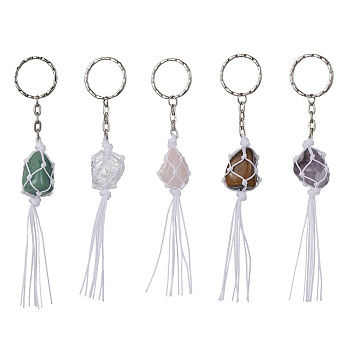 Nylon Pouch Wrap Natural Gemstone Holder Keychains, with Iron Keychain Ring, 14cm