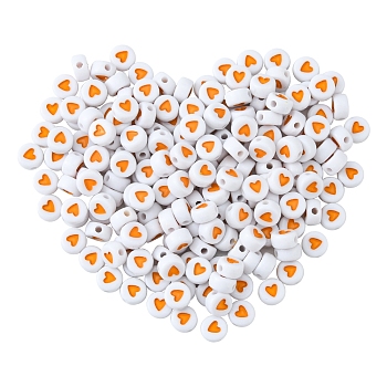 Opaque Acrylic Beads, with Enamel, Flat Round with Heart, Goldenrod, 7x3.5mm, Hole: 1.2mm