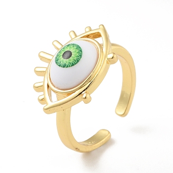 Acrylic Horse Eye Open Cuff Ring, Real 18K Gold Plated Brass Jewelry for Women, Cadmium Free & Lead Free, Lawn Green, US Size 7(17.3mm)