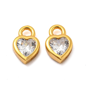 Real 18K Gold Plated 925 Sterling Silver Charms, with Clear Cubic Zirconia, with S925 Stamp, Heart, 6x4x2mm, Hole: 1.2mm