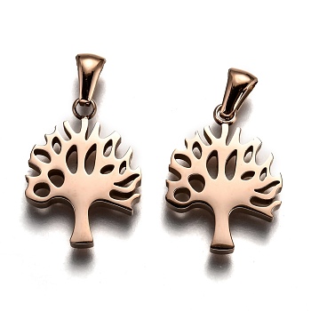 Ion Plating(IP) 304 Stainless Steel Pendants, Manual Polishing, Tree of Life, Rose Gold, 21.5x16x3mm, Hole: 6x2.5mm