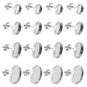 40Pcs 4 Size 304 Stainless Steel Stud Earring Settings, Flat Round, with 40Pcs Ear Nuts, Stainless Steel Color, 8~14x2mm, Pin: 0.7mm, Tray: 6~12mm, 10Pcs/size
