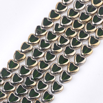 Electroplate Glass Beads Strands, Edge Plated, Heart, Dark Green, 10x10x4mm, Hole: 1mm, about 30pcs/strand, 11.4 inch