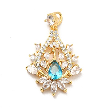 Brass Clear Cubic Zirconia Pendants, with Glass Rhinestone, Teardrop with Peacock Charm, Real 18K Gold Plated, 35mm, Hole: 3x3mm