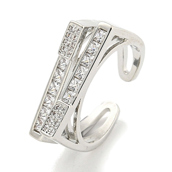 Brass Micro Pave Cubic Zirconia Cuff Rings, Rectangle Open Rings for Women, Long-Lasting Plated, Platinum, Adjustable