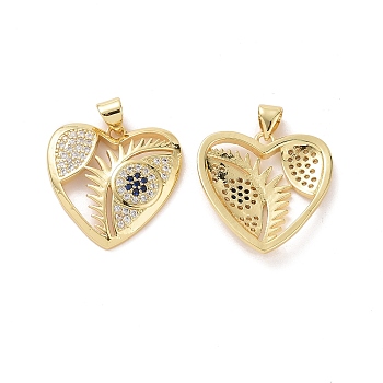 Brass with Cubic Zirconia Pendants, Heart with Eye Charm, Real 18K Gold Plated, 22x22.5x3.5mm, Hole: 3.5x5mm