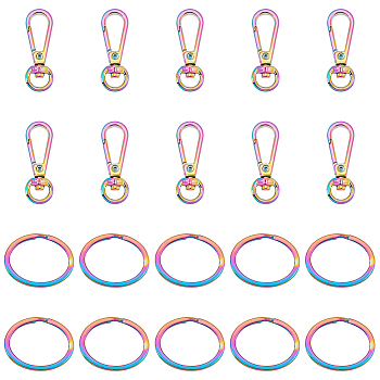 PandaHall Elite 10Pcs Rainbow Color Alloy Swivel Clasps, Key Clasps, with 10Pcs Iron Split Key Rings, 36.5~38.5x12.5~28x3~6mm