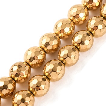 Electroplated Synthetic Non-magnetic Hematite Beads Strands, Faceted, Round, Real 24K Gold Plated, 8.5mm, Hole: 1mm, about 45pcs/strand, 15.55''(39.5cm)