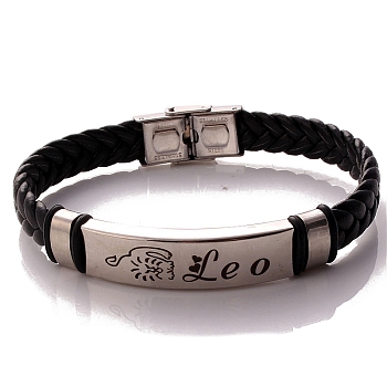 Braided Leather Cord Bracelets, Constellation Bracelet for Men, Leo, 8-1/4 inch(21cm)