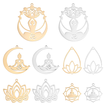 DIY Yoga Theme Jewelry Making Finding Kit, Including 10Pcs 10 Style Lotus & Teardrop & Moon 201 Stainless Steel Pendants & Link Connectors, Golden & Stainless Steel Color, 21.5~43X19.5~32x1mm, hole: 1.2~1.6mm, 1Pc/style