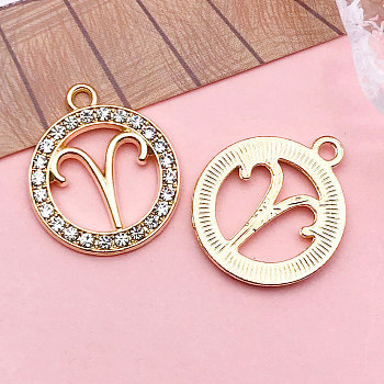 Zinc Alloy Crystal Rhinestone Pendants, Flat Round, Constellation, Light Gold, Aries, 21x18mm