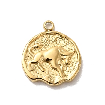 304 Stainless Steel Pendants, Textured Flat Round with Constellations Charm, Real 14K Gold Plated, Taurus, 17.5x15.5x2mm, Hole: 1.8mm