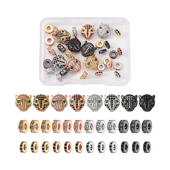 Brass Micro Pave Cubic Zirconia Beads, Leopard & Flat Round, Mixed Color, 32pcs/box