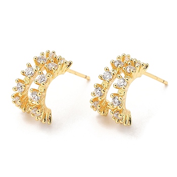 Rack Plating Brass Arch Stud Earrings with Cubic Zirconia, Lead Free & Cadmium Free, Real 18K Gold Plated, 17.5x7.5mm