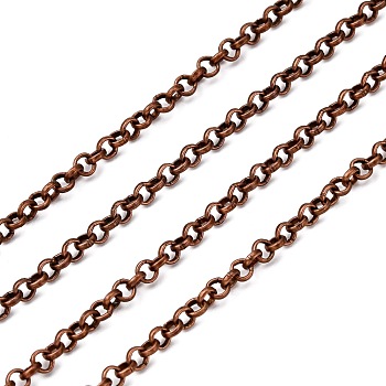 Iron Rolo Chains, Round, Belcher Chain, with Spool, Unwelded, Lead Free & Nickel Free, Red Copper, 3x1mm