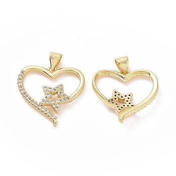 Brass Micro Pave Clear Cubic Zirconia Pendants, Heart with Star Charms, Golden, 21.5x22x3.5mm, Hole: 3x4mm