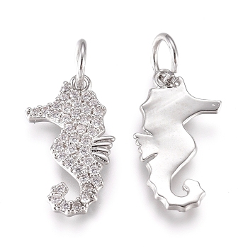 Brass Charms, with Micro Pave Cubic Zirconia and Jump Rings, Sea Horse, Clear, Platinum, 15.5x8x1.2mm, Hole: 3.2mm